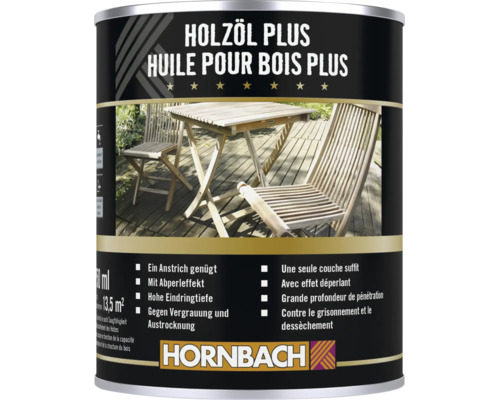 Dose Hornbach Holzöl Plus für Gartenmöbel mit Anwendungshinweisen und Hornbach Logo.