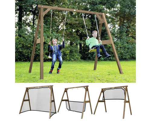 Spielschaukel aus Holz mit zwei Schaukelsitzen und integriertem Fussballtor oder Spielnetz für den Garten.