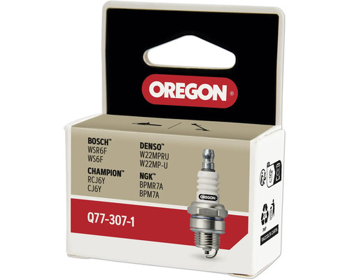Oregon Zündkerze Q77-307-1 in Verpackung mit Vergleichsnummern für verschiedene Marken.