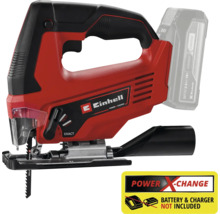 Scie sauteuse sans fil Einhell avec batterie insérée et logo Power X Change indiquant que la batterie et le chargeur ne sont pas inclus