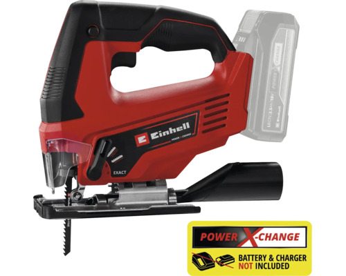 Scie sauteuse sans fil Einhell avec batterie insérée et logo Power X Change indiquant que la batterie et le chargeur ne sont pas inclus