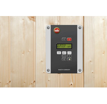 Commande de sauna Weka avec affichage numérique pour le réglage de la température et du temps, montée sur une paroi en bois.