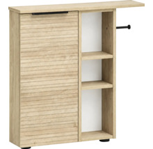 Meuble de cuisine avec façade à volet roulant et étagères ouvertes en bois décor chêne avec porte serviette latéral.