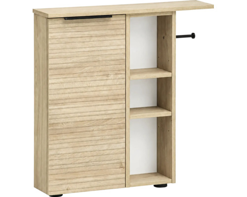 Meuble de cuisine avec façade à volet roulant et étagères ouvertes en bois décor chêne avec porte serviette latéral.