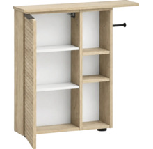 Armoire en bois avec un côté ouvert, une porte à lamelles et des étagères