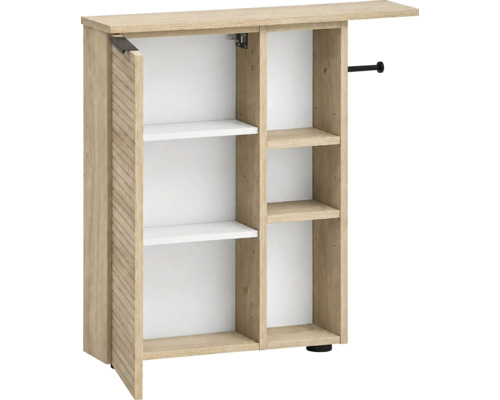 Armoire en bois avec un côté ouvert, une porte à lamelles et des étagères