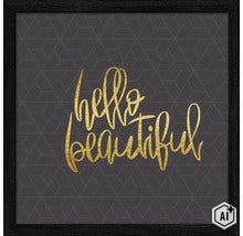 Wandbild mit dem Schriftzug Hello Beautiful in einem schwarzen Rahmen mit geometrischem Hintergrundmuster (Image AI modified or generated)