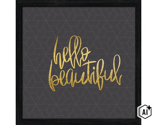 Wandbild mit dem Schriftzug Hello Beautiful in einem schwarzen Rahmen mit geometrischem Hintergrundmuster (Image AI modified or generated)