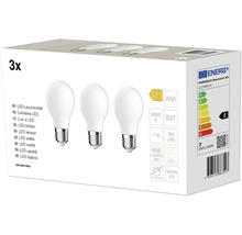 Lot de 3 ampoules LED A60 avec culot E27, 7 watts, 806 lumens, 6500 kelvins, classe d efficacité énergétique E, non dimmable.