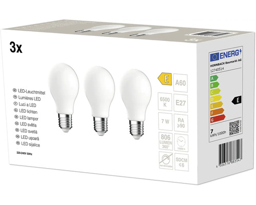 Lot de 3 ampoules LED A60 avec culot E27, 7 watts, 806 lumens, 6500 kelvins, classe d efficacité énergétique E, non dimmable.