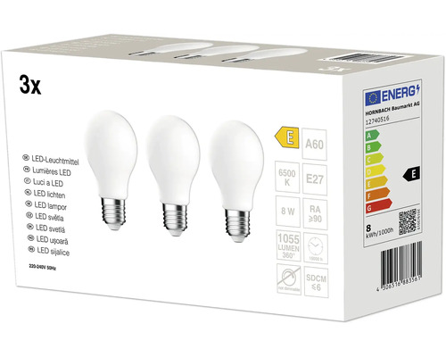 Lot de trois ampoules LED A60 E27 8 Watts 1055 Lumens 6500 Kelvin non dimmable