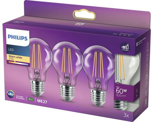 LED Leuchtmittel Philips classic Birnenform 60W A60 E27 Philips LED Leuchtmittel 3er Packung, warmweiß, 60 Watt