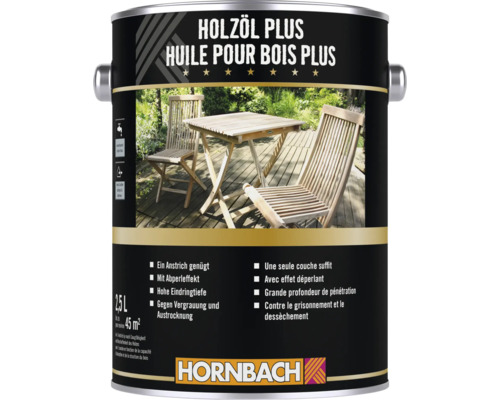 Holzöl Plus für den Außenbereich von Hornbach in einem 2,5 Liter Gebinde für Schutz und Pflege von Holzmöbeln.
