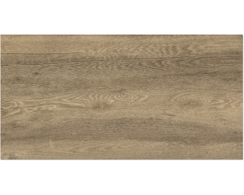 Carrelage aspect bois de chêne avec veinage naturel et nœuds pour un rendu authentique.