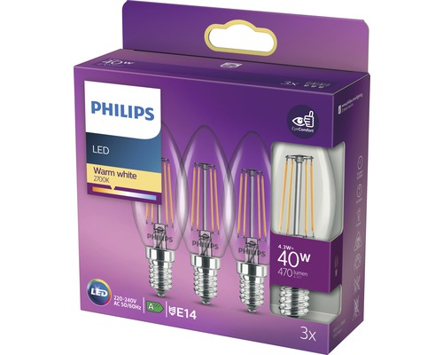 LED Leuchtmittel Philips classic Kerzenform 40W E14 Philips LED Lampe E14 4,3 Watt, 3er-Pack