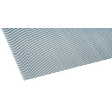 Plaque alvéolaire transparente en plastique avec surface nervurée pour toitures de terrasse et bandes lumineuses.