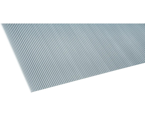 Plaque alvéolaire transparente en plastique avec surface nervurée pour toitures de terrasse et bandes lumineuses.