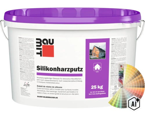 Enduit de résine de silicone Baumit seau de 25 kilogrammes pour surfaces murales extérieures décoratives (Image AI modified or generated)