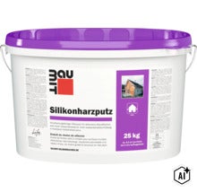 Enduit de résine de silicone Baumit en seau de 25 kilogrammes pour revêtement de façade extérieur décoratif. (Image AI modified or generated)