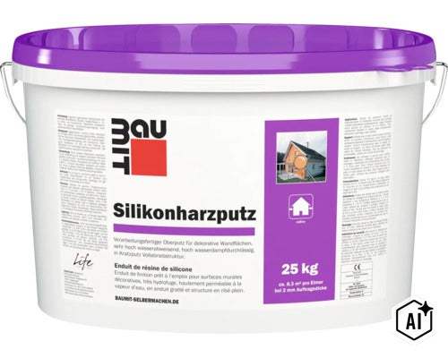 Enduit de resine de silicone Baumit pret a l emploi en seau de 25 kilogrammes pour revetement decoratif de facades exterieures (Image AI modified or generated)