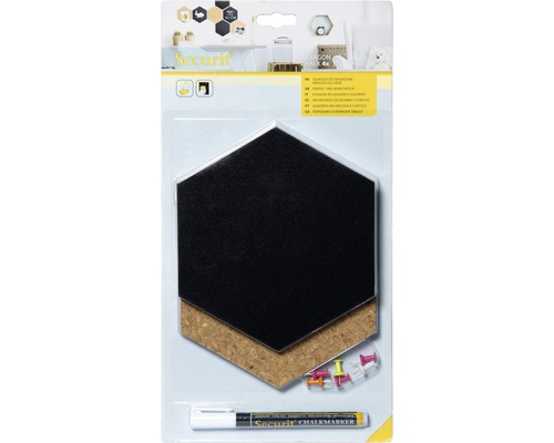 Tableau noir hexagonal avec support en liège, avec marqueurs et punaises
