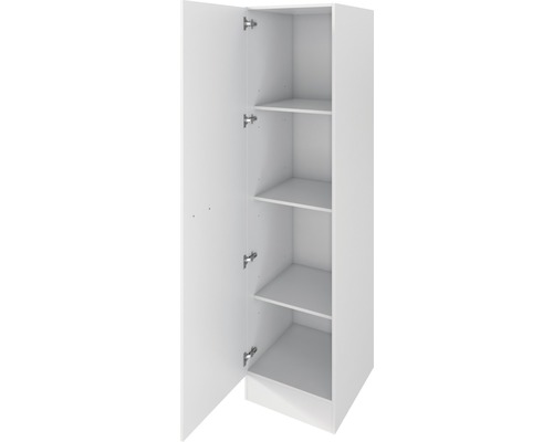 Armoire haute blanche avec porte ouverte et étagères