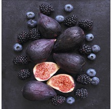 Frische Feigen, Brombeeren und Heidelbeeren auf dunklem Untergrund