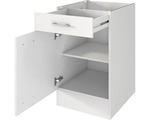 Meuble bas avec porte ouverte, tiroir et étagères