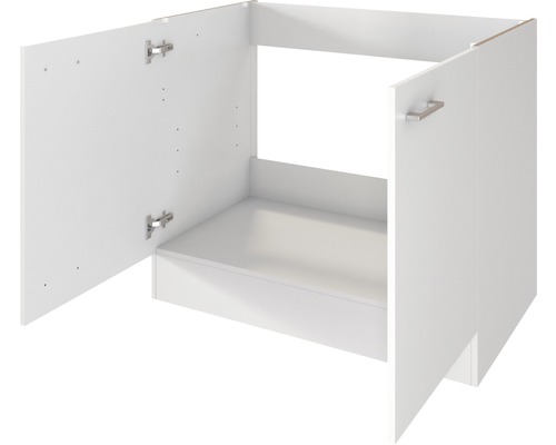 Meuble bas blanc avec deux portes ouvertes