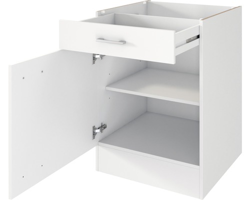 Meuble bas blanc avec tiroir, porte ouverte et deux étagères