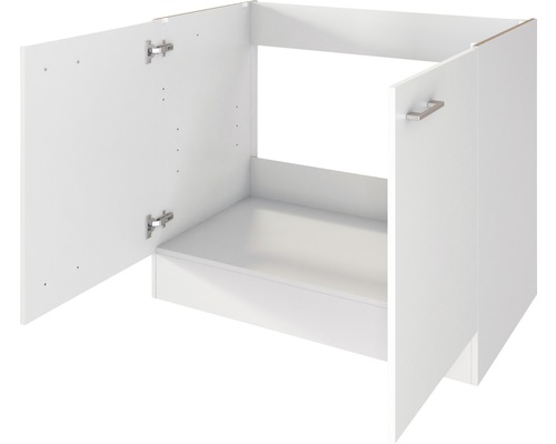 Meuble sous-lavabo blanc avec deux portes ouvertes.