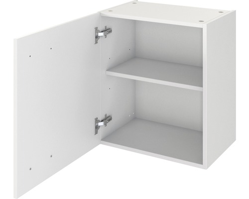 Armoire murale blanche avec deux étagères et porte ouverte