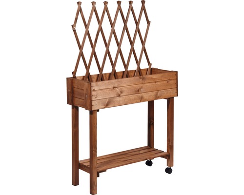 Jardinière sur pieds en bois avec treillis et roulettes