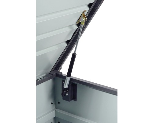 Detailansicht eines Gerätehauses mit Gasdruckfeder