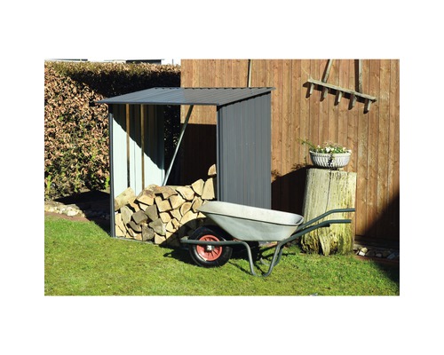 Holzlager mit Brennholz, Schubkarre und Gartengeräten im Garten