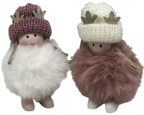 Zwei dekorative Weihnachtsfiguren mit Mütze und Fell