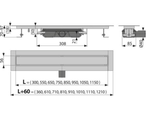 Schéma technique d''un caniveau de douche avec dimensions