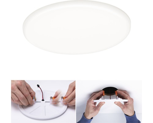 Abbildung einer runden Deckenleuchte und der Montage an der Decke