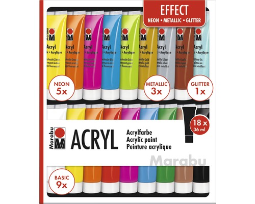 Jeu de peintures acryliques Marabu Effects 18x 36 ml Set de peintures acryliques Marabu avec couleurs néon, métalliques et à paillettes, 18 tubes