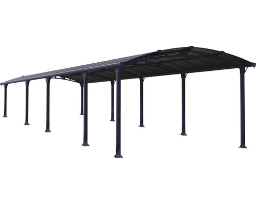 Long abri avec poteaux et toit pour l''extérieur.