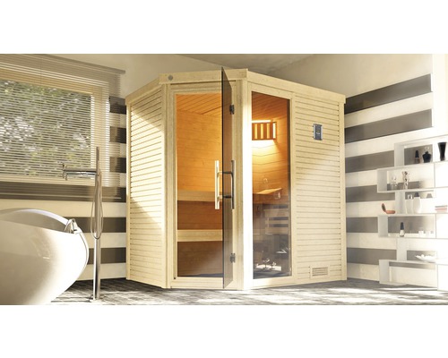 Sauna d'angle en bois massif Weka Cubilis 1 GTF avec poêle 7,5 kW et commande numérique, avec fenêtre et porte entièrement vitrée couleur graphite