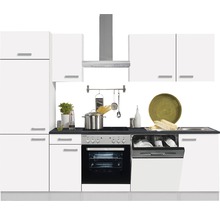 Cuisine avec lave-vaisselle, cuisinière, hotte aspirante et armoires murales dans un design clair et moderne