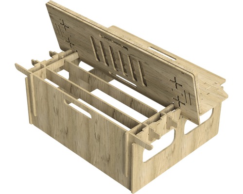 Offene Holzkiste mit Deckel für die Aufbewahrung