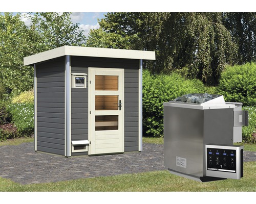 Chalet sauna Karibu Opal 1 avec poêle bio 9 kW et commande externe, avec porte en bois avec verre transparent gris terre cuite/blanc