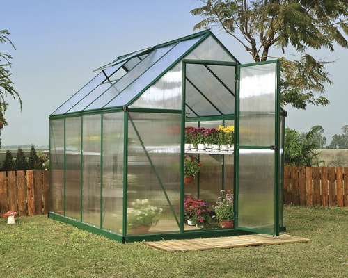 Serre PALRAM MYTHOS 6x8 panneaux alvéolés 4 mm avec cadre de fondation, gouttières 185 x 247 cm aluminium Serre PALRAM MYTHOS 6x8 panneaux alvéolés 4 mm avec cadre de fondation, gouttières 185 x 247 cm aluminium