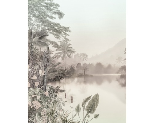 Papier peint panoramique intissé X4-1022 Lac des Palmiers 4 pces 200 x 250 cm Illustration d''un paysage tropical avec lac, palmiers et végétation luxuriante