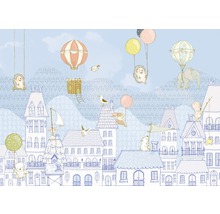 Illustration einer Stadtlandschaft mit Tieren in Ballons und Luftschiffen