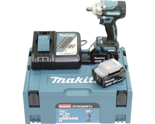 Makita Visseuse à chocs sans fil DTW300RTJ 18V avec 2 batteries 5,0 Ah chargeur et MAKPAC Taille 2