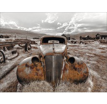 Une voiture rouillée se dresse dans un paysage abandonné avec des bâtiments.