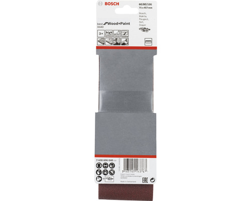 Bandes abrasives Bosch pour bois et peinture, grain 60/80/100, dimension 75x457 millimètres